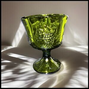 Vintage Avocado Green Pressed Glass Goblet – Pedestal Dessert Dish – Mid Century
